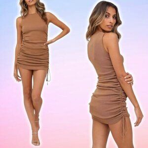 LIONESS Military Minds Sleeveless Ruched Mini Dress Sz Small Camel Brown